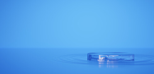 An ice pedestal floating on the water's surface. Blue background. Ripples.Copy space.  (Horizontal)