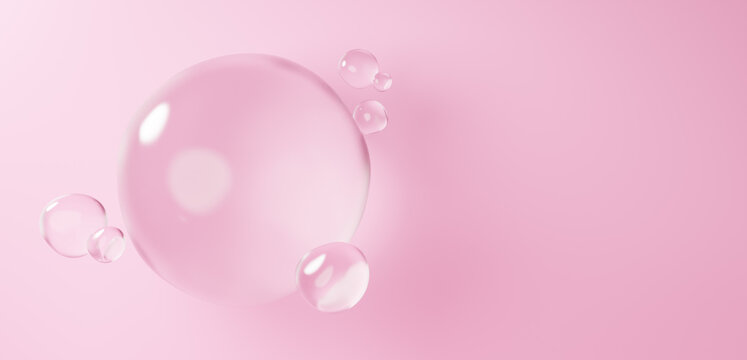 ピンクの背景に浮かぶ複数の水の球体。水滴。コピースペース。3D（横長）