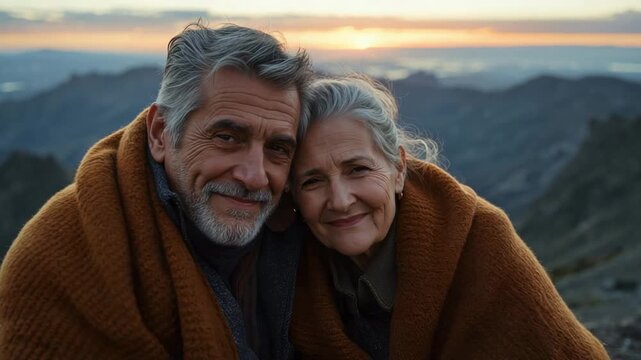 Huddling senior pair pulling rust blanket tighter at summit in layers, prompted by cooling air
