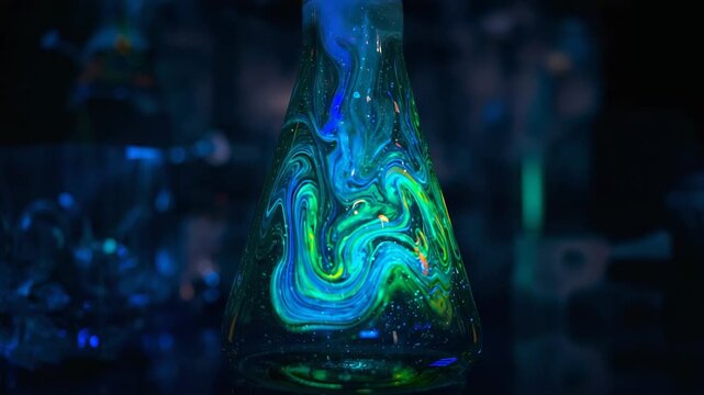 Frames advancing showing green-blue particles shifting, rising in Erlenmeyer flask on lab bench