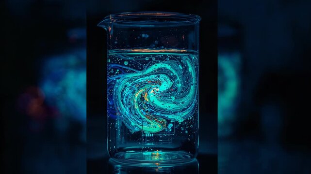Rotating cyan vortex inside transparent glass beaker forming on dark bench, bubbles rising