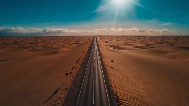 Launching drone filming 2-lane highway advancing toward horizon over desert, showing signs, dunes