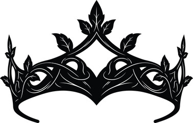 Black ornate crown with leaf motifs and interwoven patterns on a white background tiara
