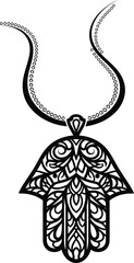 Black hamsa hand pendant necklace with intricate patterns on white background amulet
