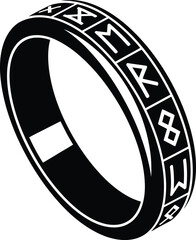 Black Ring with Ancient Runes Engraved Around the Band on White Background jewelry accessory