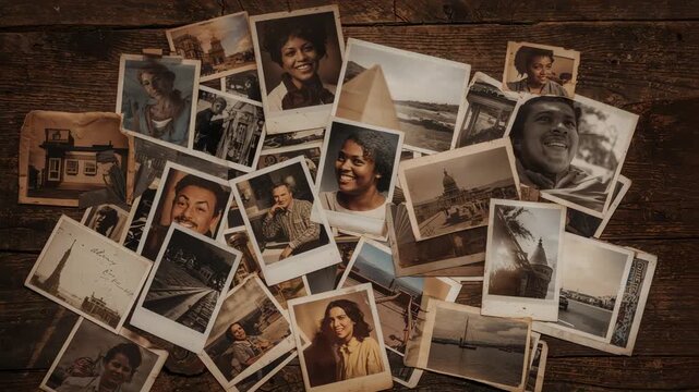 Zooming camera initiating push and panning over snapshots on wooden tabletop, showing pyramid print