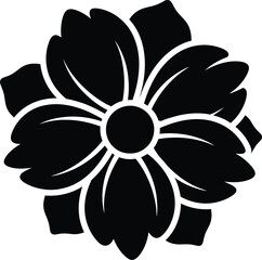 Black silhouette of a multi-petaled flower with a central circle on a white background illustration