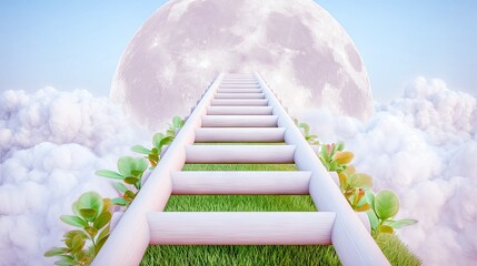 Ladder Ascending to Moon in Cloudscape
