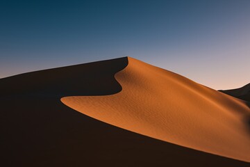 An artistic view of sand dunes showcasing flowing shapes and warm orange tones contrasted against darker shadows.