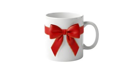 White ceramic mug decorated with a red ribbon bow isolated on transparent background for customization