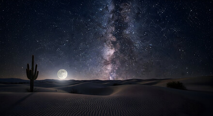 Breathtaking desert landscape at night under a full moon and vibrant Milky Way galaxy, creating a stunning and mystical scene, perfect for travel ads
