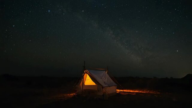 Recording camera capturing canvas tent glowing on remote plain, showing Milky Way and lantern