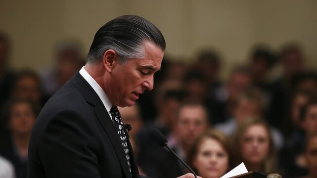 Leaning forward middle-aged man giving address reading notes at hall, suit, lapel mic using lectern