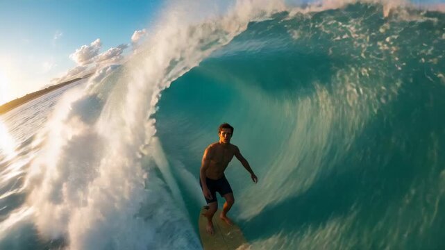 Riding shirtless surfer on yellow longboard at shore reacting to pitching wave, staying in barrel