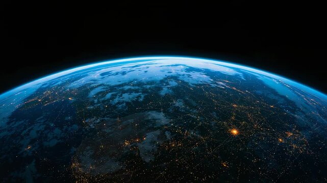 Orbiting cam causing planet rotating from low orbit, revealing blue limb, clouds and city lights