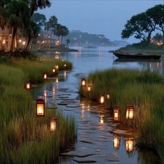 Lanterns Illuminate Pathway by Water at Dusk