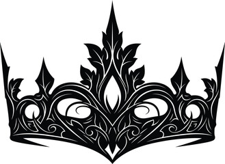 Detailed black ornate crown with floral and swirling patterns on a white background tiara