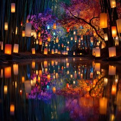 Lanterns Illuminated Over Reflecting Water in Forest