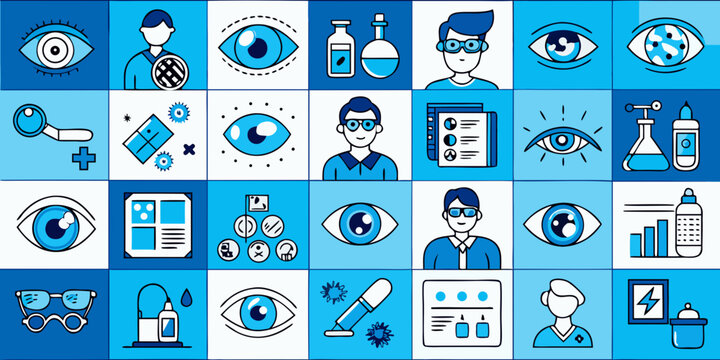 Ophthalmology and eye care themed icon set in blue tones featuring doctors eyes medical devices and eye treatment options in a modern style
