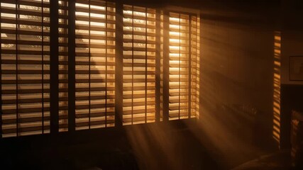 Filtering sunlight through plantation shutters as sun shifts at golden hour, casting banded light - Powered by Adobe