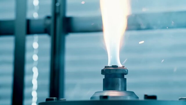 Realistic fire background with bonfire fog concept. Flame erupting from a nozzle in a controlled environment, showcasing heat and combustion.