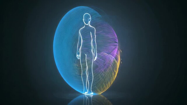 Turning neon human outline from profile to front on gloss floor as flows rising, shell enclosing