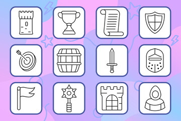 Medieval set icon. Tower, trophy, scroll, shield, target, barrel, sword, helmet, flag, mace, castle, monk. History, knight, battle, kingdom, heritage.