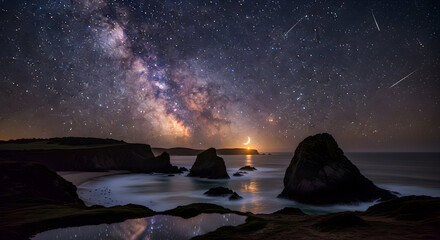 Stunning milky way illuminates a serene coastal landscape with a crescent moon and shooting stars creating magical night sky reflections over tranquil waters