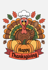 Thanksgiving Day Greeting Featuring Turkey Chef with Pumpkins and Autumn Foliage