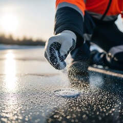 Worker in winter clothing spreads de-icing salt on icy road to improve traction and safety during cold weather conditions.