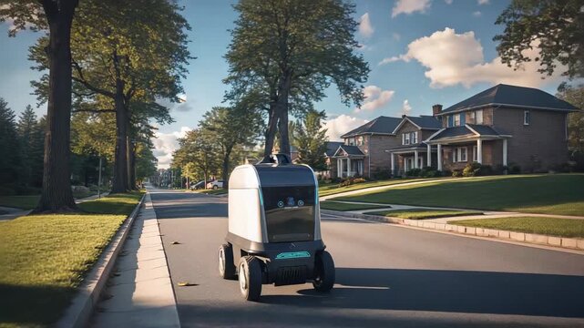 Starting delivery run, autonomous robot moving toward camera on suburban street with sensor array