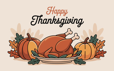 Thanksgiving Day Greeting Featuring Turkey, Pumpkins, and Fall Foliage on Plate