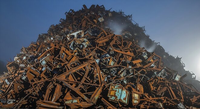Massive towering mountain of rusted scrap metal frames in an industrial salvage yard against a blue sky - Powered by Adobe