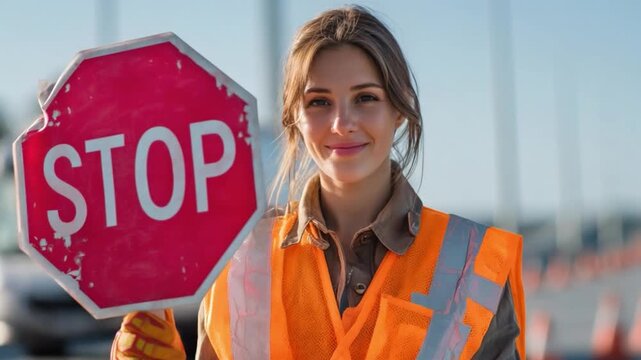A beautiful female road worker holding a stop/slow sign and directing traffic in a highway setting, wearing a bright orange vest.