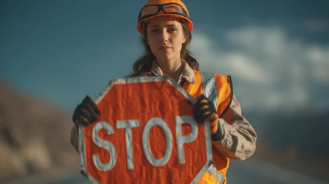 A beautiful female road worker holding a stop/slow sign, directing traffic in a highway setting, wearing a bright orange vest.
