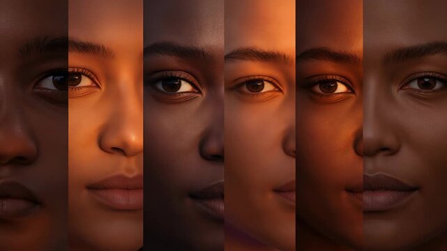 Playing 5-panel calm montage showing female faces closing, opening eyes in studio warm key light