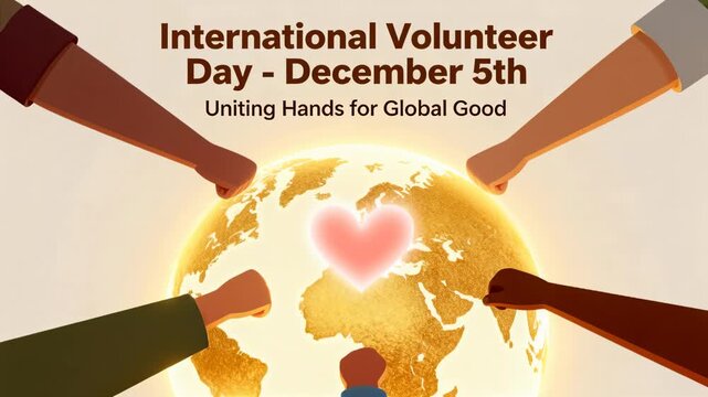 Reaching hands closing around pink heart over gold globe in banner uniting Intl Volunteer Day Dec5