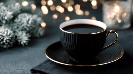 クリスマスな雰囲気の黒いカップに入ったコーヒー