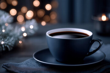 クリスマスな雰囲気の黒いカップに入ったコーヒー