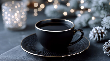 クリスマスな雰囲気の黒いカップに入ったコーヒー