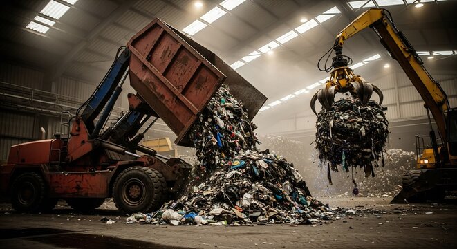 Heavy machinery operating inside a large waste recycling and disposal facility, dumping trash