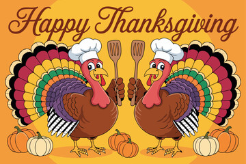Happy Thanksgiving with Two Chef Turkeys Holding Spatulas and Colorful Feathers
