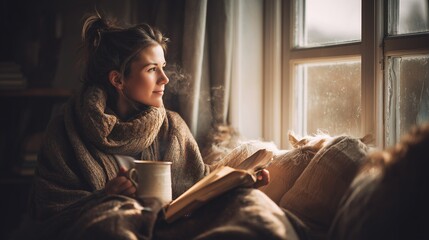Fototapeta premium World Introvert Day: A young woman in her 30s sitting alone in a cozy window nook with a book and steaming coffee mug, soft natural daylight streaming through large windows