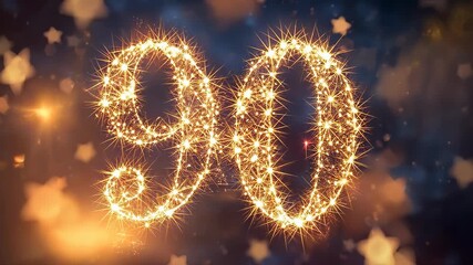 Starting sparks animating golden sparkler numerals 90 on blue backdrop, marking milestone