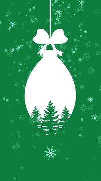 Christmas Background With Hanging Ornament And Falling Snow. Vertical Format Suitable For Social Media Stories And Holiday Greeting Cards. Minimalist Green And White.