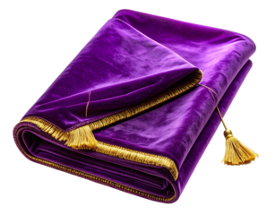 - Folded Purple Velvet Prayer Mat with Tassels, isolated on transparent background”