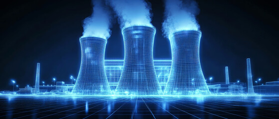 A futuristic nuclear power plant appears as a glowing wireframe structure against a dark backdrop, with white steam spiraling from its cooling towers