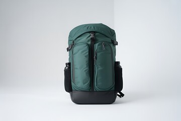 Modern green hiking backpack ready for outdoor adventures and travel, stylish design with water bottles perfect for camping, hiking, or everyday use in the city