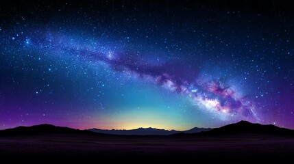 Fototapeta premium Vibrant milky way galaxy shines with colorful nebulae and bright stars above a dark, silhouetted desert landscape and mountains at night.