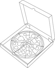 Pizza in open delivery box outline line art illustration